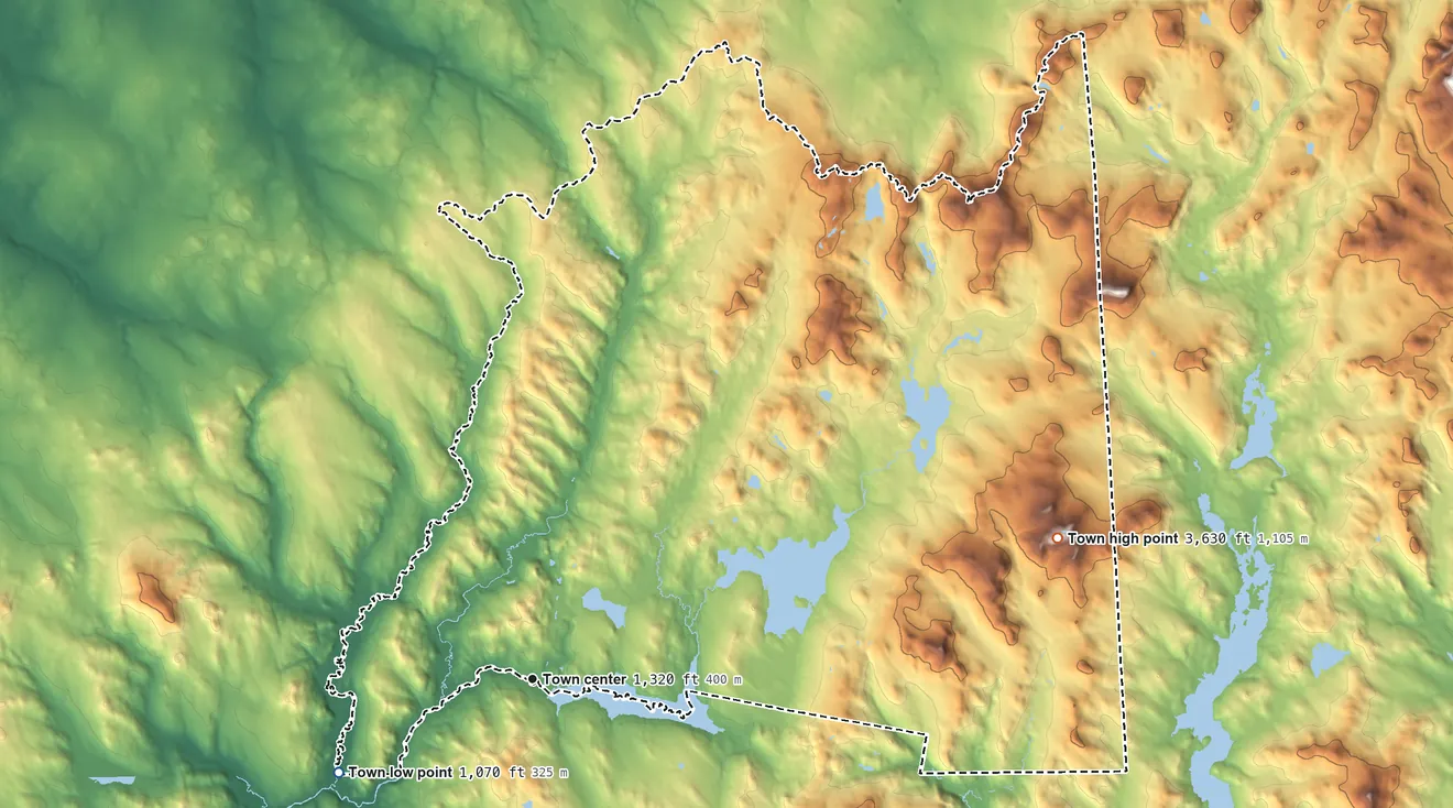Topographic elevation map of Pittsburg, New Hampshire, shaded from 1,070 ft on the southwest side to 3,630 ft on Stub Hill