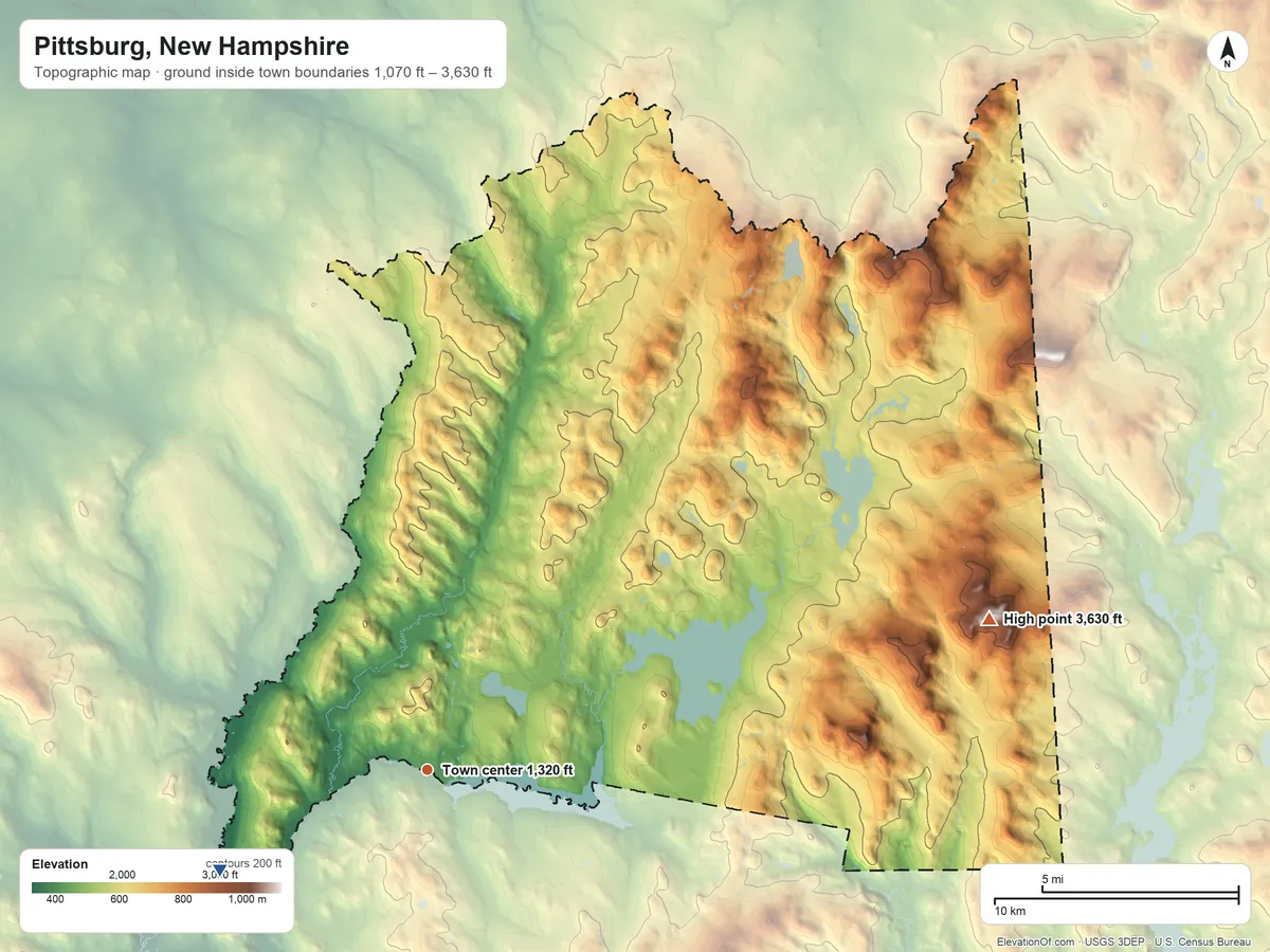 Topographic elevation map of Pittsburg, New Hampshire, shaded from 1,070 ft on the southwest side to 3,630 ft on Stub Hill
