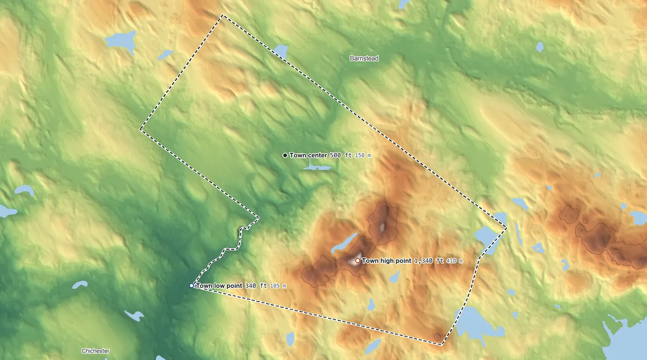 Topographic elevation map of Pittsfield, New Hampshire, shaded from 340 ft on the southwest side to 1,340 ft on Catamount Mountain