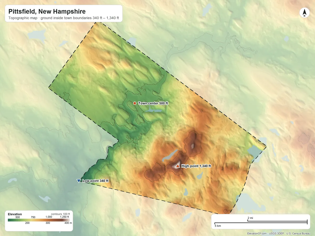 Topographic elevation map of Pittsfield, New Hampshire, shaded from 340 ft on the southwest side to 1,340 ft on Catamount Mountain