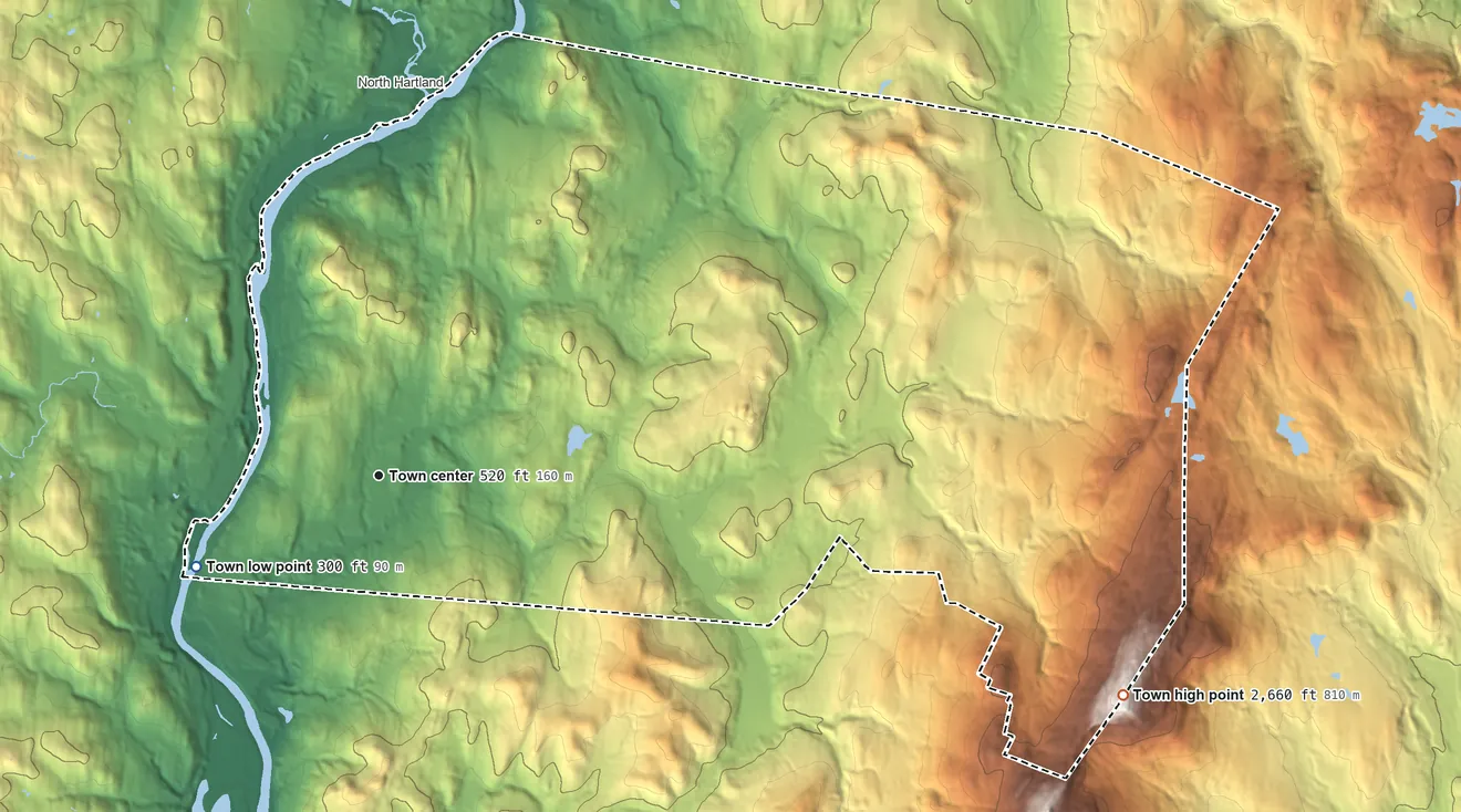 Topographic elevation map of Plainfield, New Hampshire, shaded from 300 ft on the southwest side to 2,660 ft on Grantham Mountain
