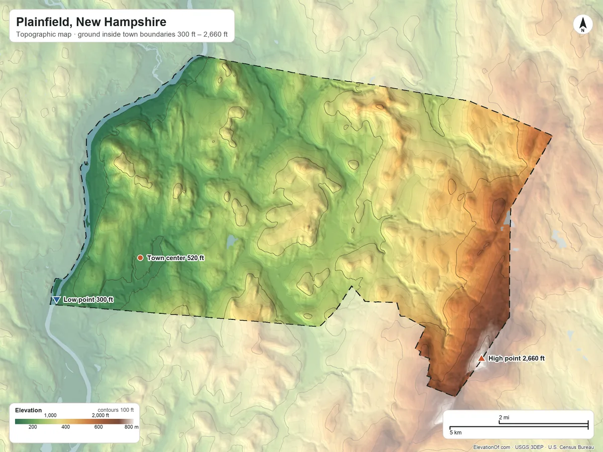 Topographic elevation map of Plainfield, New Hampshire, shaded from 300 ft on the southwest side to 2,660 ft on Grantham Mountain