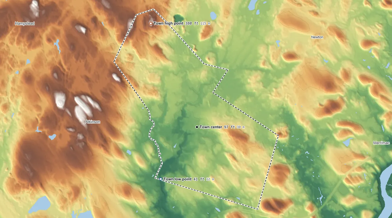 Topographic elevation map of Plaistow, New Hampshire, shaded from 41 ft on the southwest side to 380 ft on the northwest side