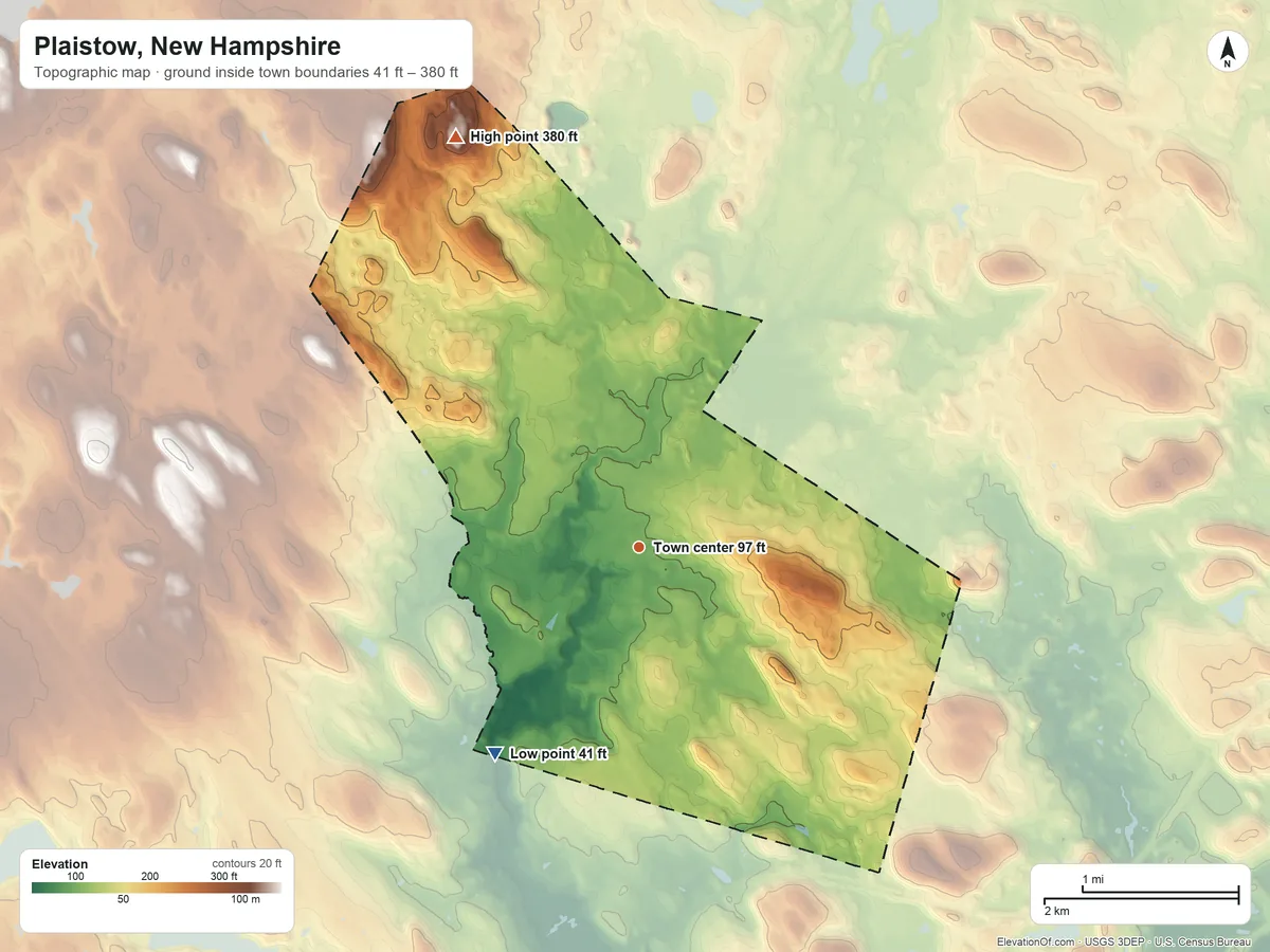 Topographic elevation map of Plaistow, New Hampshire, shaded from 41 ft on the southwest side to 380 ft on the northwest side