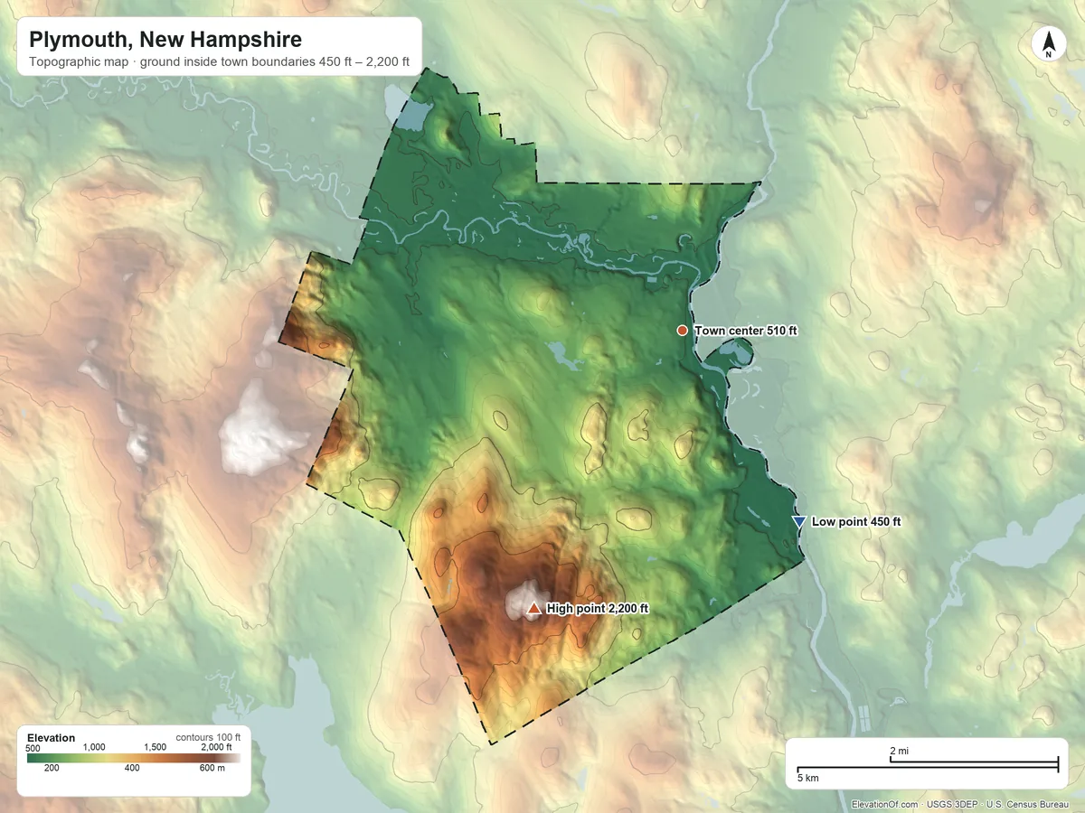 Topographic elevation map of Plymouth, New Hampshire, shaded from 450 ft on the southeast side to 2,200 ft on Plymouth Mountain