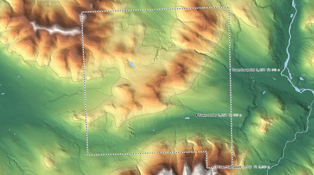 Topographic elevation map of Randolph, New Hampshire, shaded from 1,130 ft on the northeast side to 3,940 ft at the foot of the White Mountains