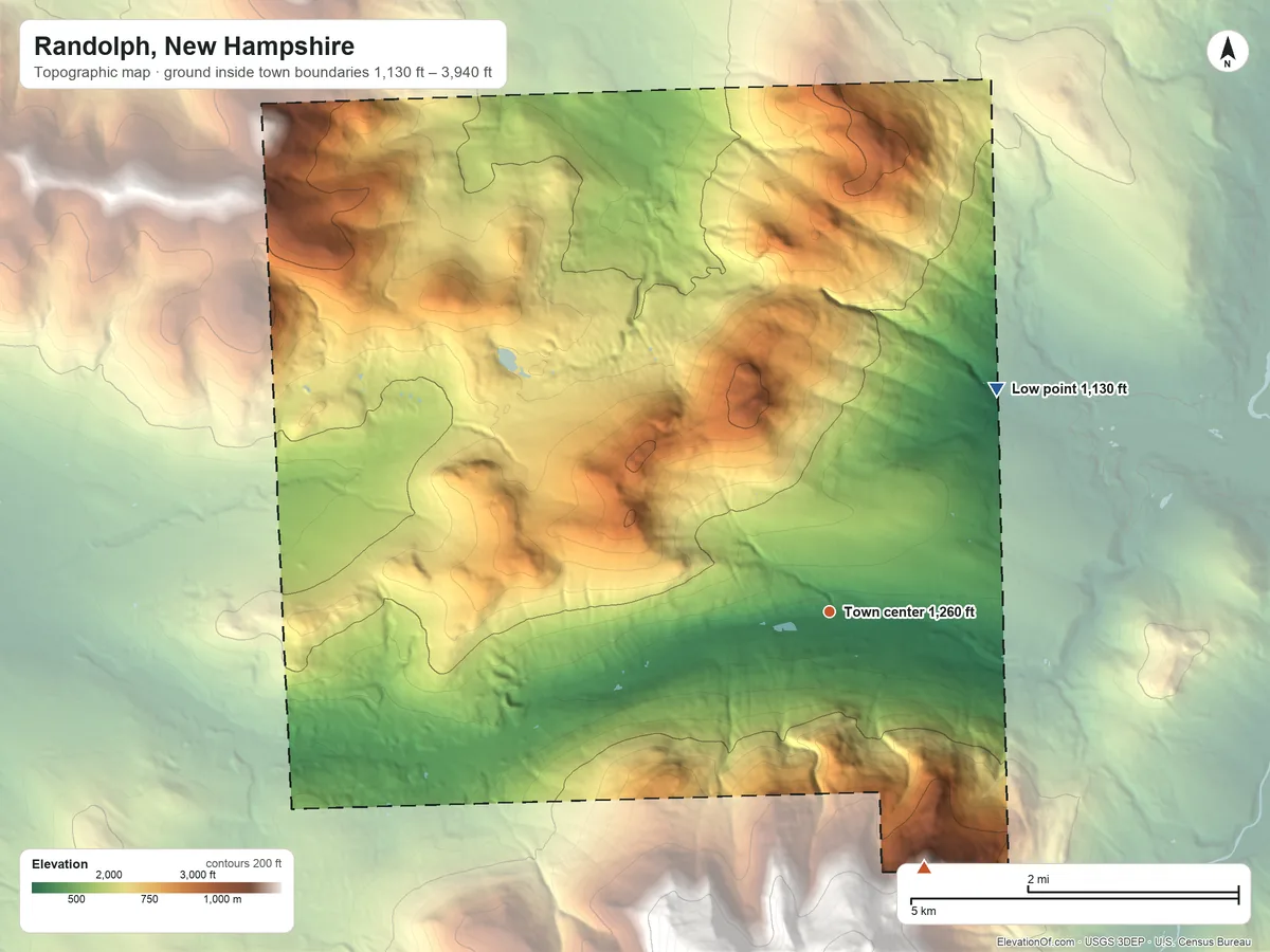Topographic elevation map of Randolph, New Hampshire, shaded from 1,130 ft on the northeast side to 3,940 ft at the foot of the White Mountains