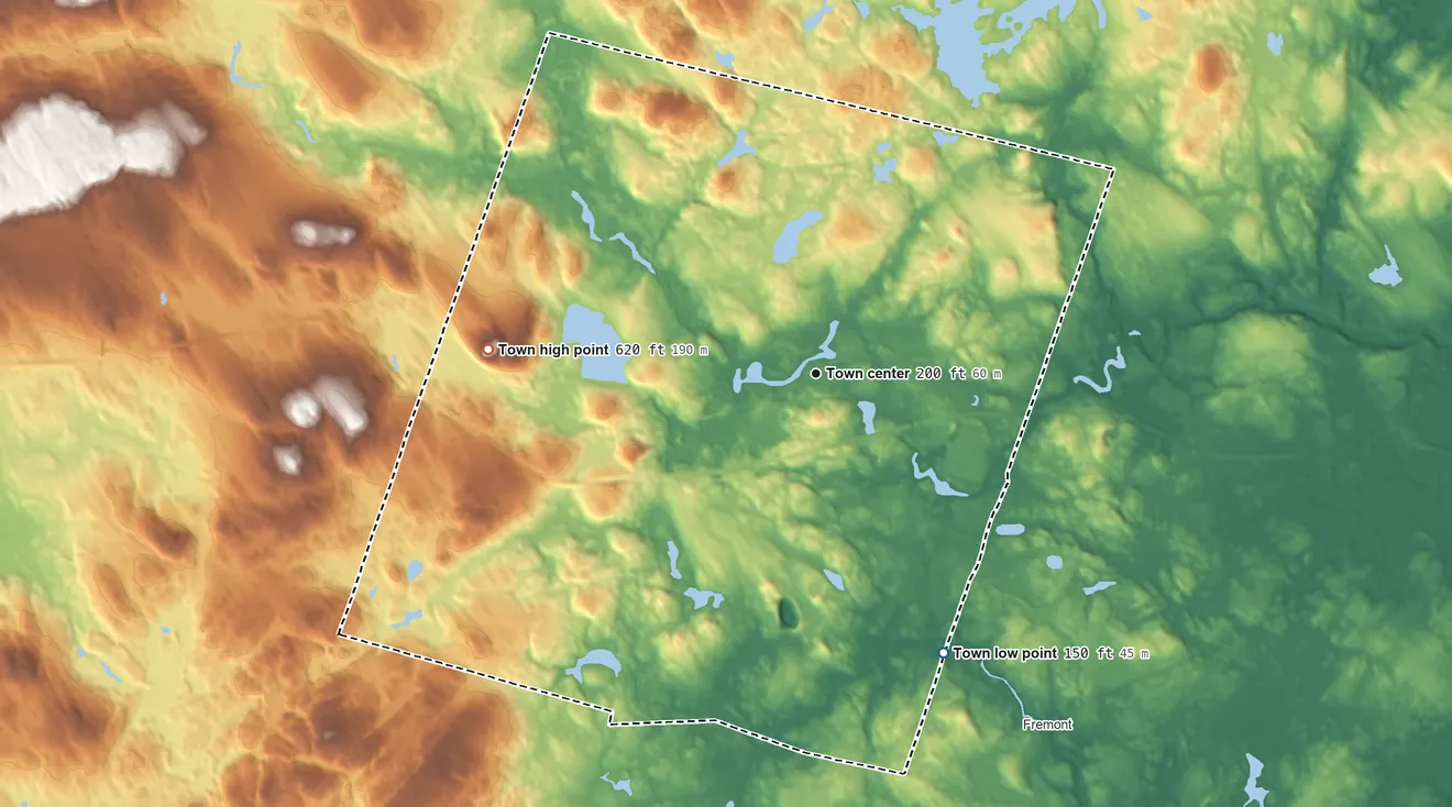 Topographic elevation map of Raymond, New Hampshire, shaded from 150 ft on the southeast side to 620 ft on Dumplingtown Hill