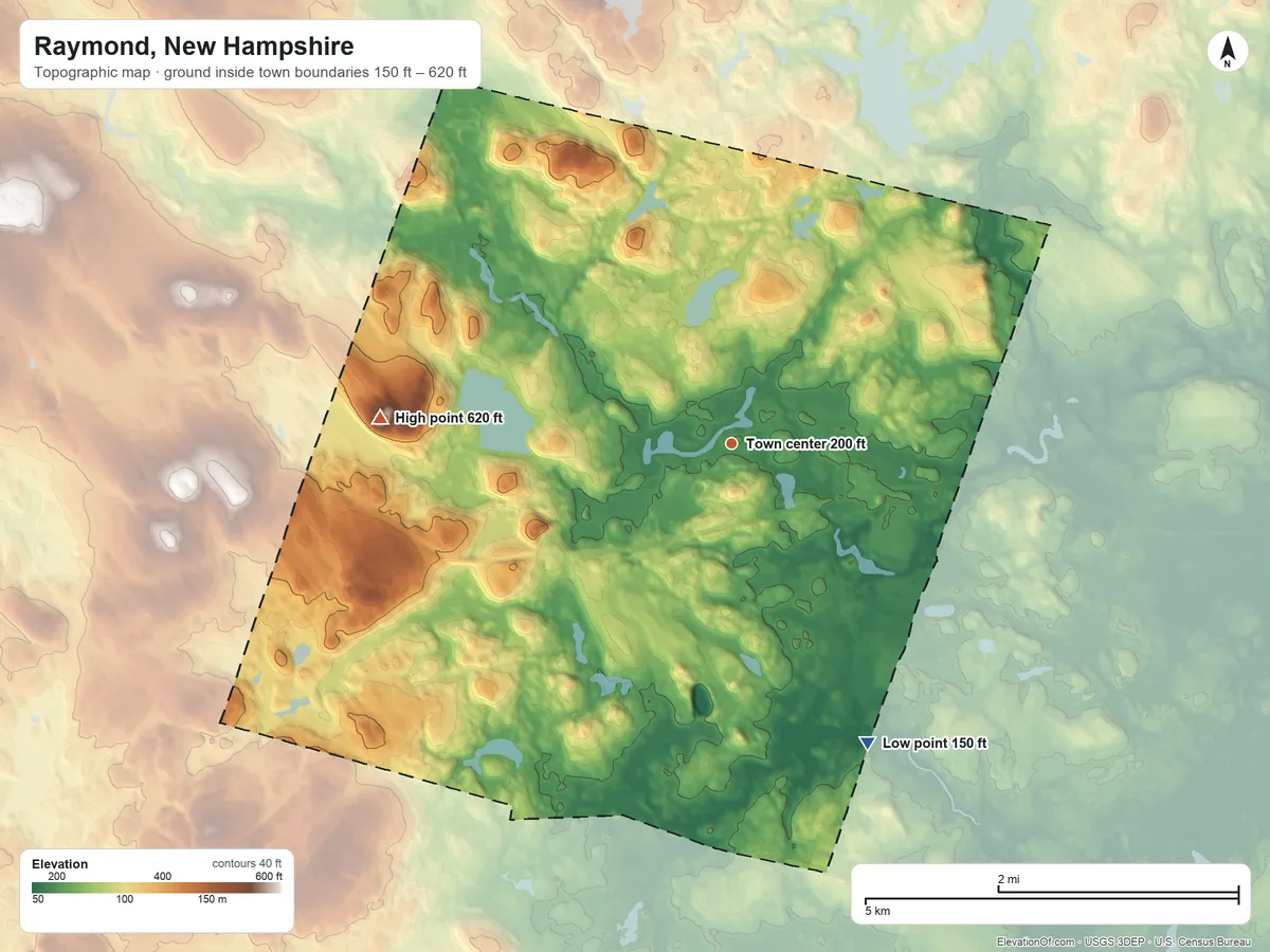 Topographic elevation map of Raymond, New Hampshire, shaded from 150 ft on the southeast side to 620 ft on Dumplingtown Hill