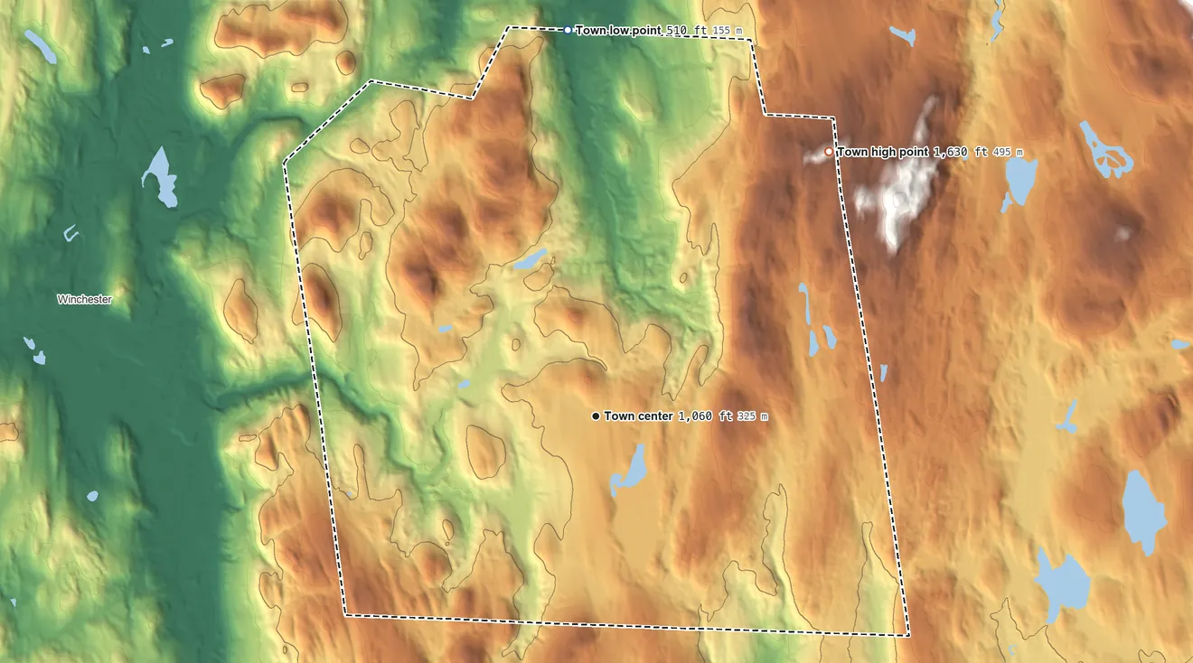 Topographic elevation map of Richmond, New Hampshire, shaded from 510 ft on the north side to 1,630 ft on the northeast side