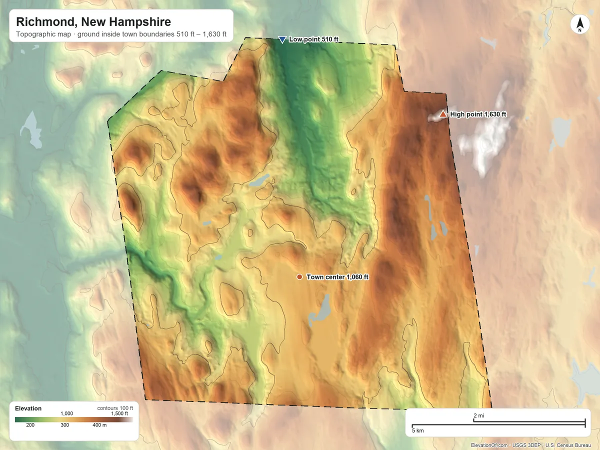 Topographic elevation map of Richmond, New Hampshire, shaded from 510 ft on the north side to 1,630 ft on the northeast side