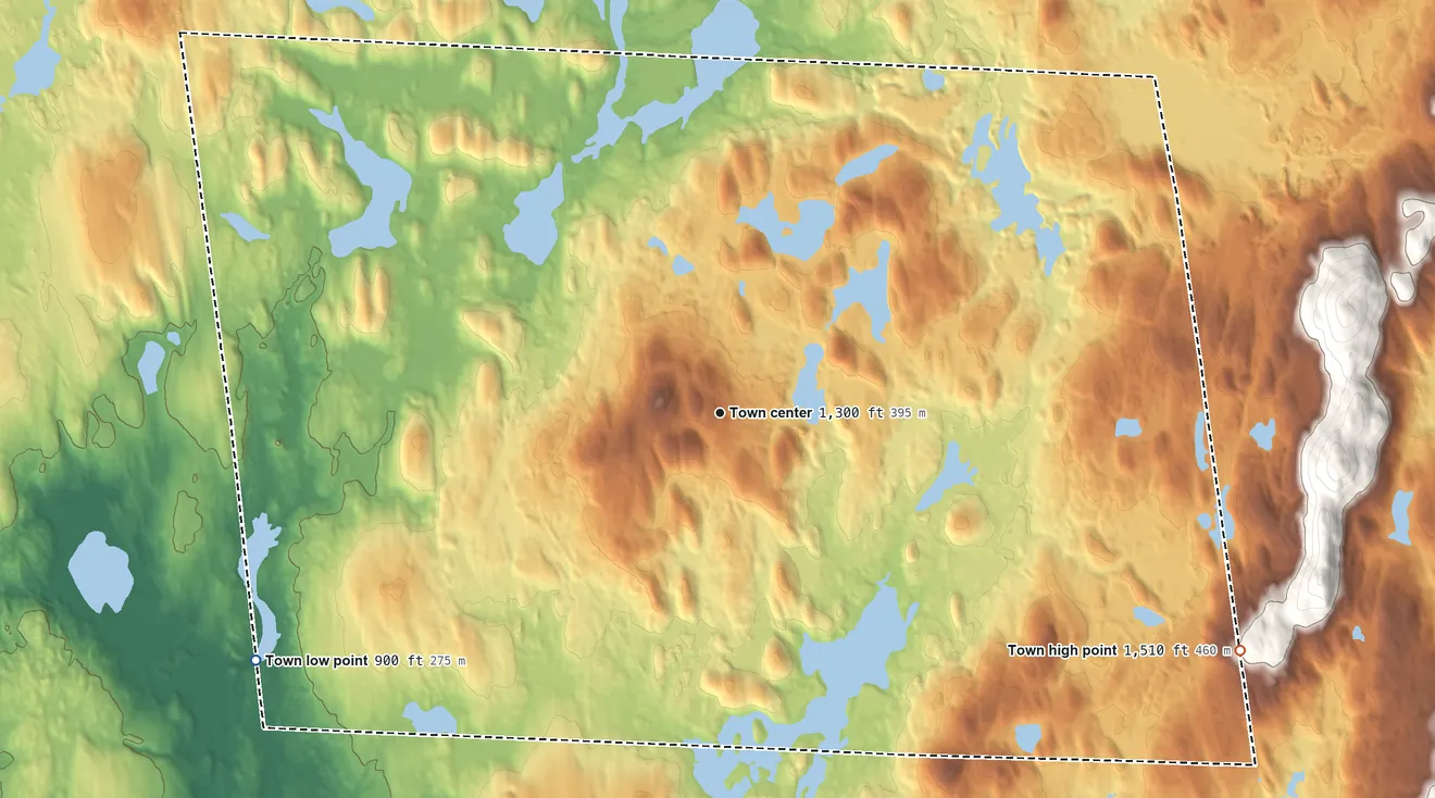 Topographic elevation map of Rindge, New Hampshire, shaded from 900 ft on the southwest side to 1,510 ft at the foot of the Wapack Range