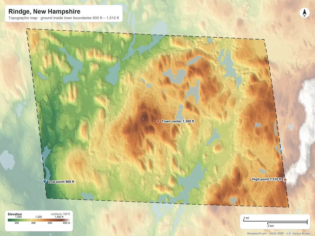 Topographic elevation map of Rindge, New Hampshire, shaded from 900 ft on the southwest side to 1,510 ft at the foot of the Wapack Range