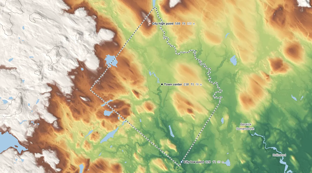 Topographic elevation map of Rochester, New Hampshire, shaded from 120 ft on the south side to 580 ft on the north side