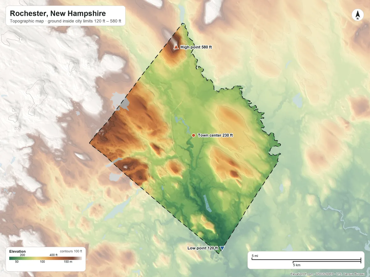 Topographic elevation map of Rochester, New Hampshire, shaded from 120 ft on the south side to 580 ft on the north side