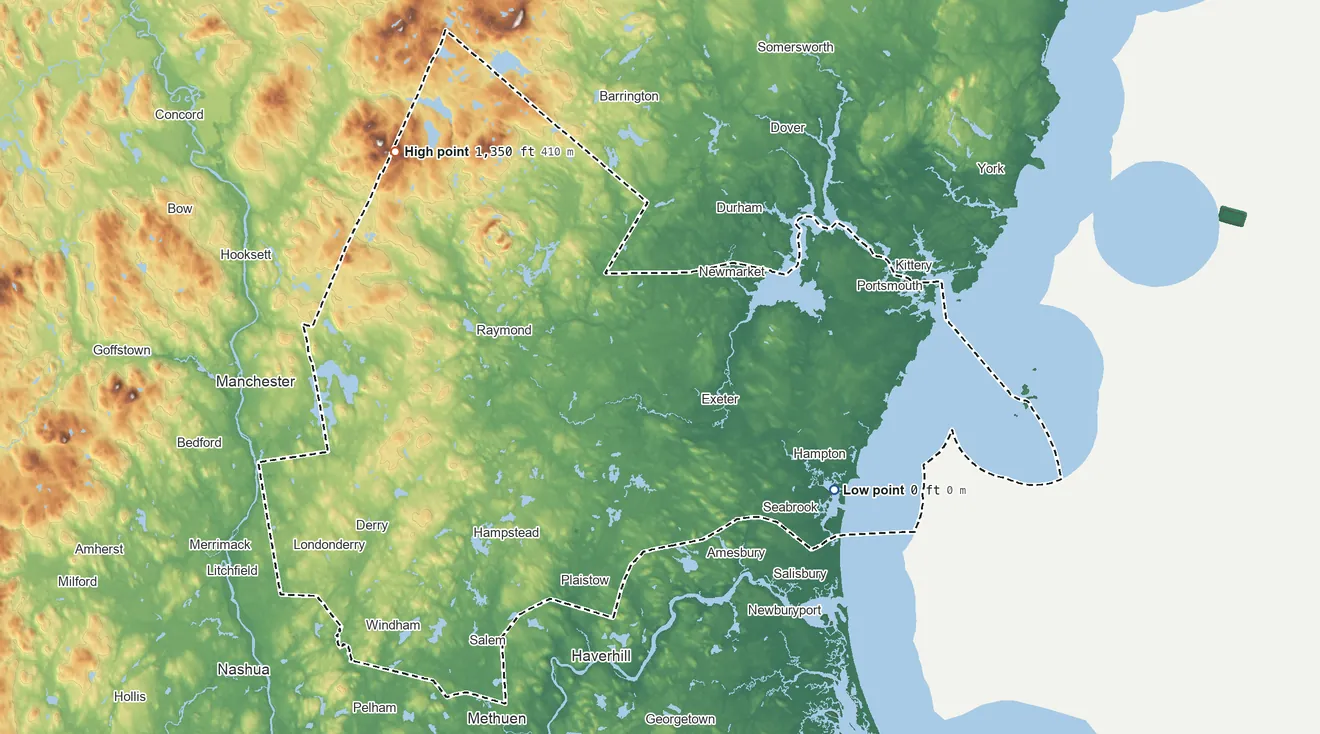 Topographic elevation map of Rockingham County, New Hampshire, shaded from sea level on the Atlantic Ocean to 1,350 ft on Nottingham Mountain