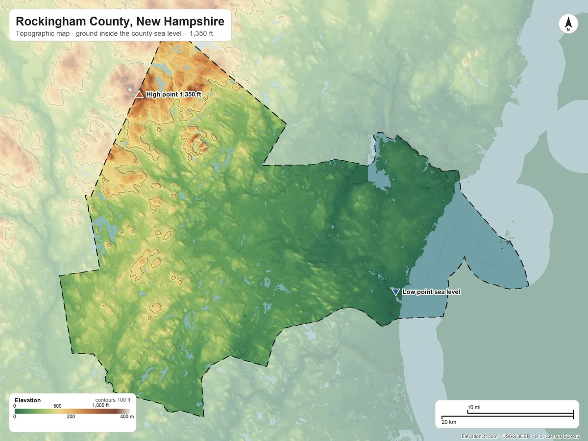 Topographic elevation map of Rockingham County, New Hampshire, shaded from sea level on the Atlantic Ocean to 1,350 ft on Nottingham Mountain