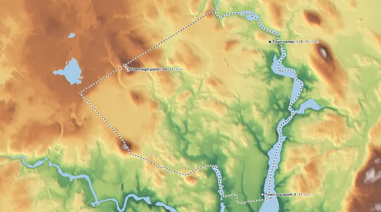 Topographic elevation map of Rollinsford, New Hampshire, shaded from 0 ft on the south side to 300 ft on the west side