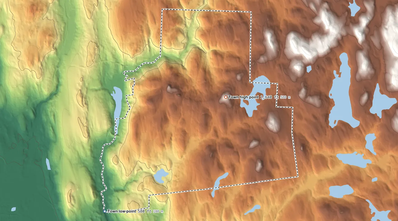 Topographic elevation map of Roxbury, New Hampshire, shaded from 580 ft on the southwest side to 1,640 ft on Bassett Hill