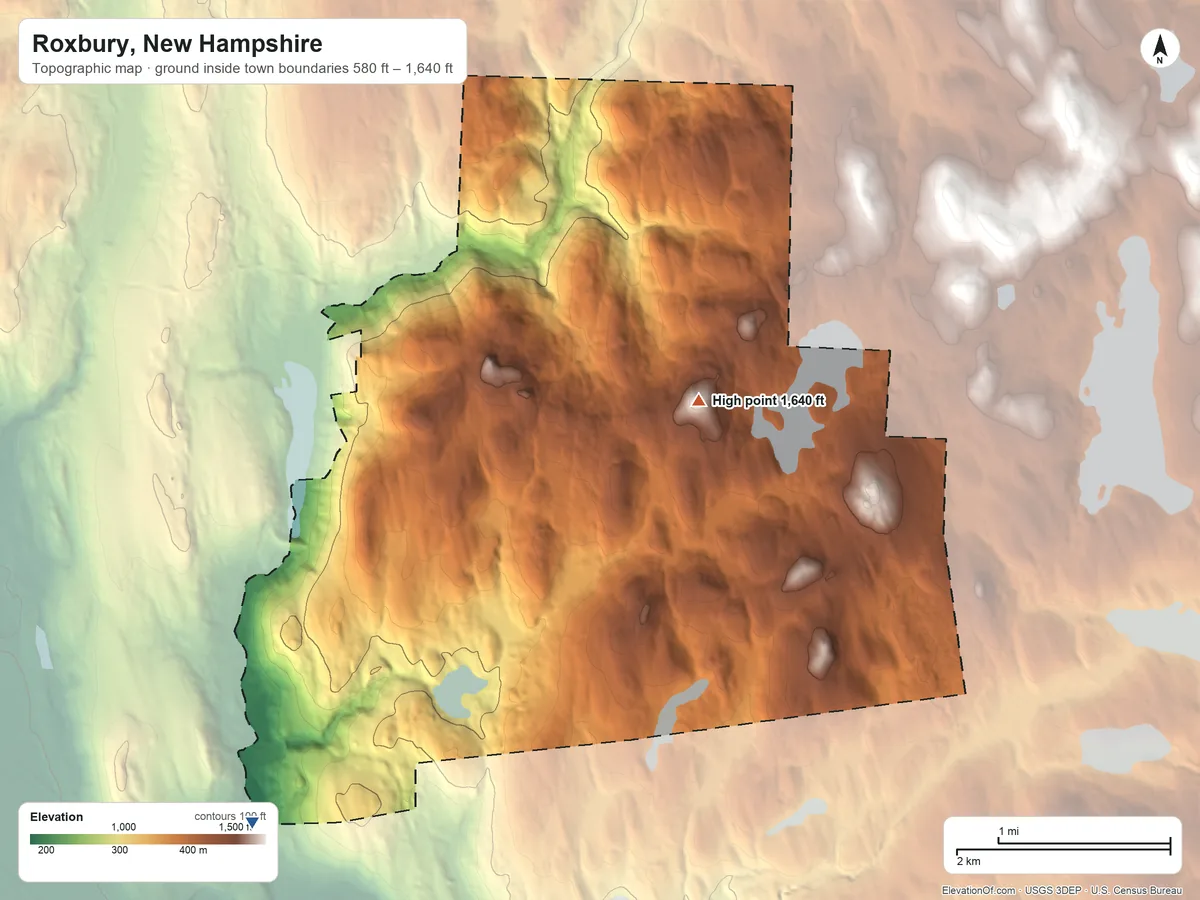 Topographic elevation map of Roxbury, New Hampshire, shaded from 580 ft on the southwest side to 1,640 ft on Bassett Hill
