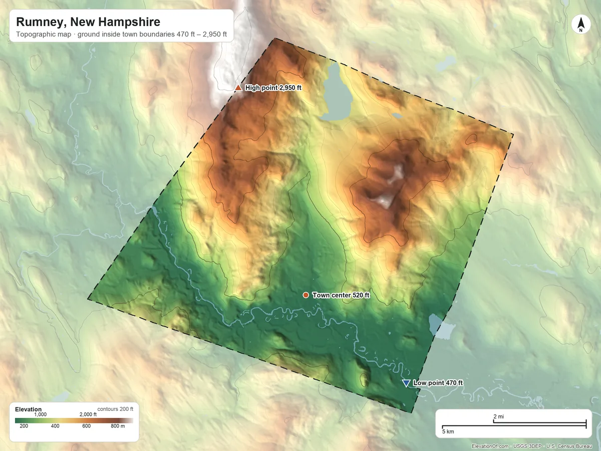 Topographic elevation map of Rumney, New Hampshire, shaded from 470 ft on the southeast side to 2,950 ft on the north edge, below higher ground just outside