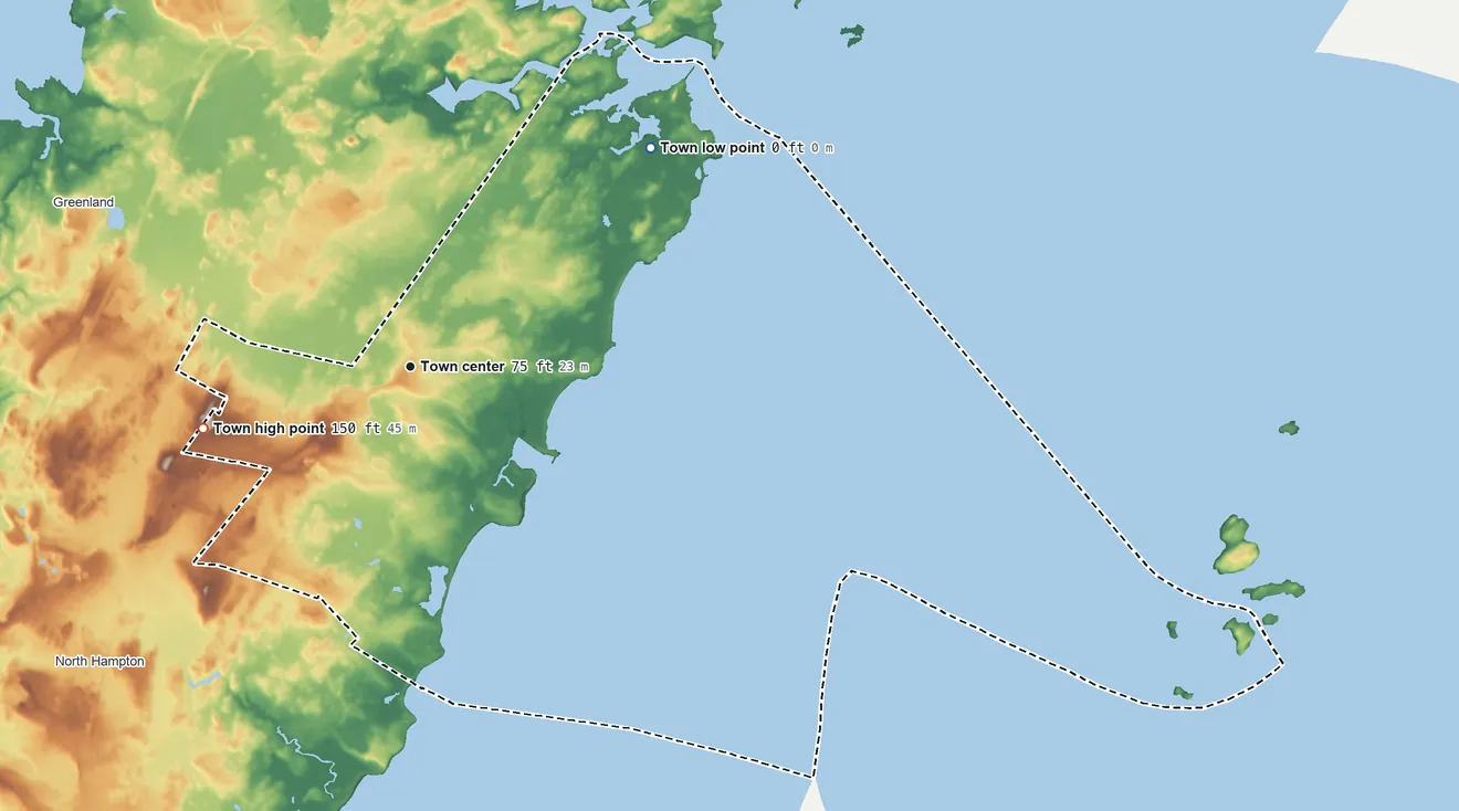 Topographic elevation map of Rye, New Hampshire, shaded from sea level level on the Atlantic Ocean to 150 ft on Breakfast Hill