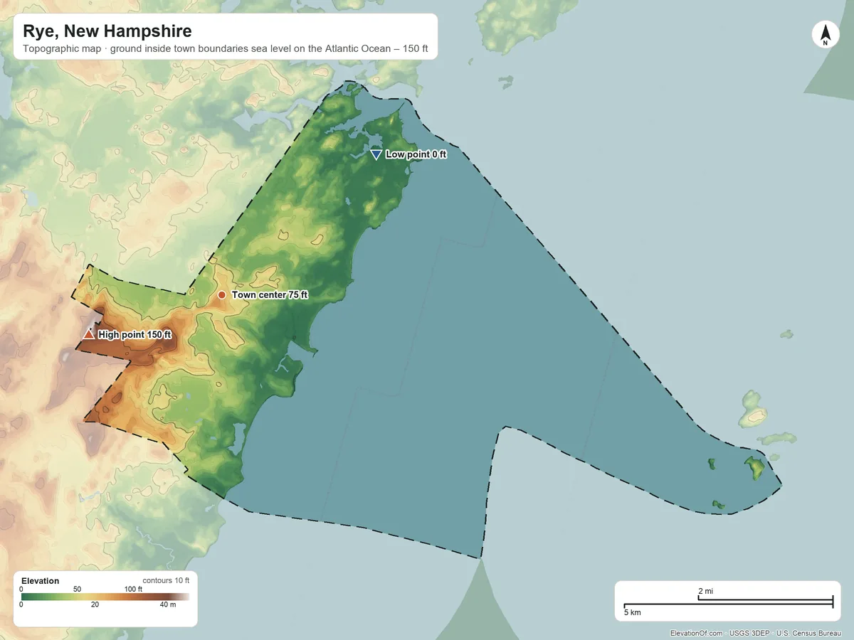 Topographic elevation map of Rye, New Hampshire, shaded from sea level level on the Atlantic Ocean to 150 ft on Breakfast Hill