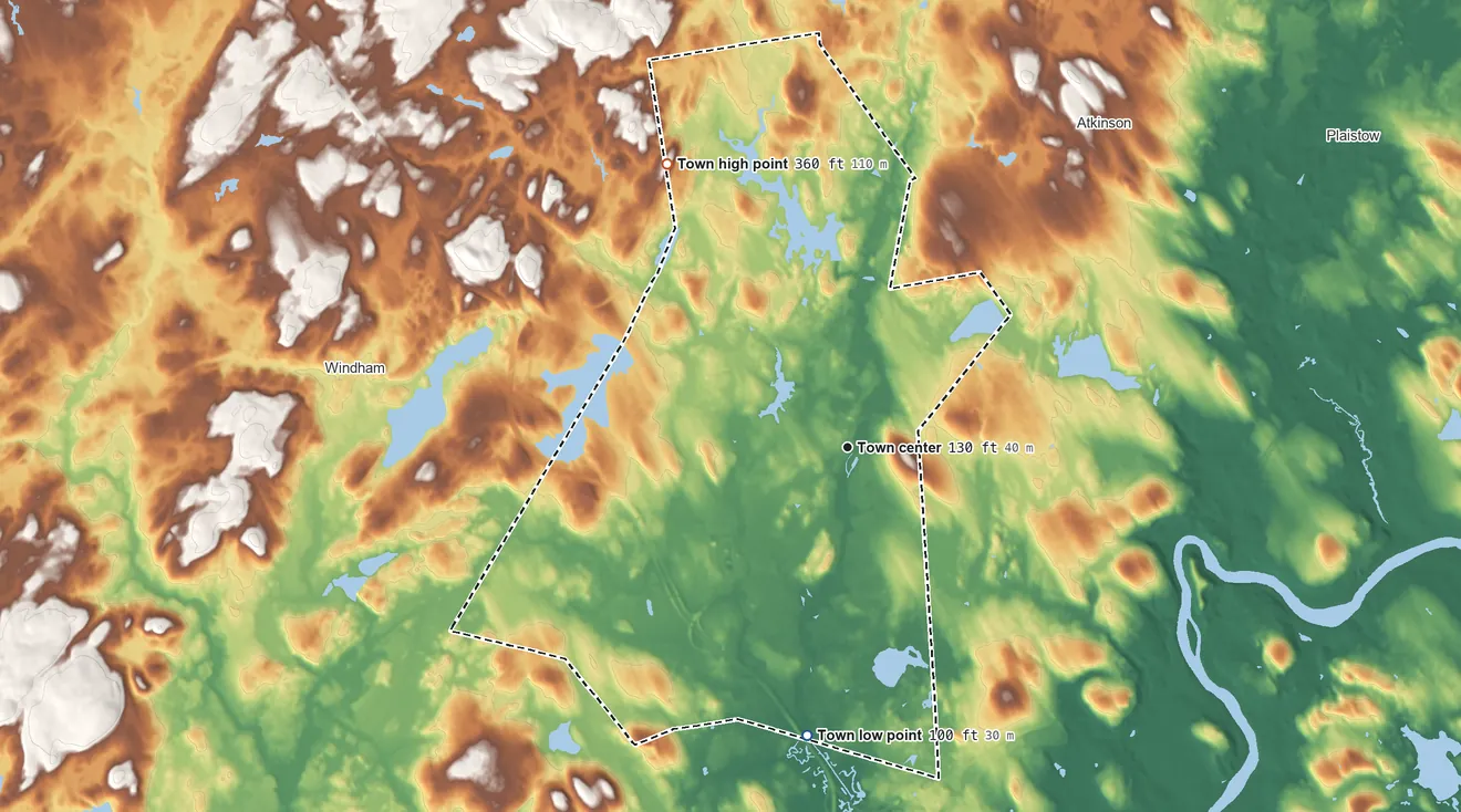 Topographic elevation map of Salem, New Hampshire, shaded from 100 ft on the south side to 360 ft on the northwest edge, below higher ground just outside