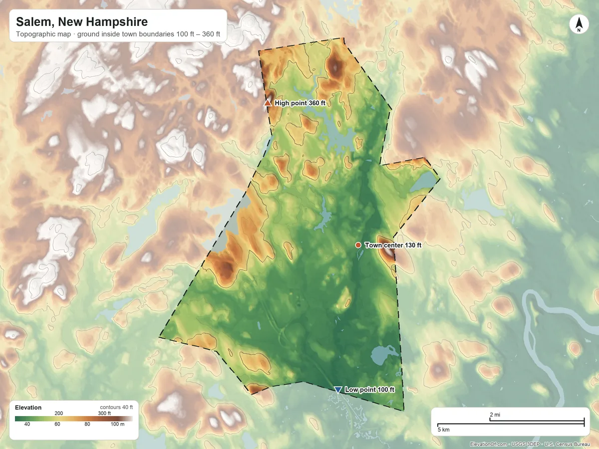 Topographic elevation map of Salem, New Hampshire, shaded from 100 ft on the south side to 360 ft on the northwest edge, below higher ground just outside