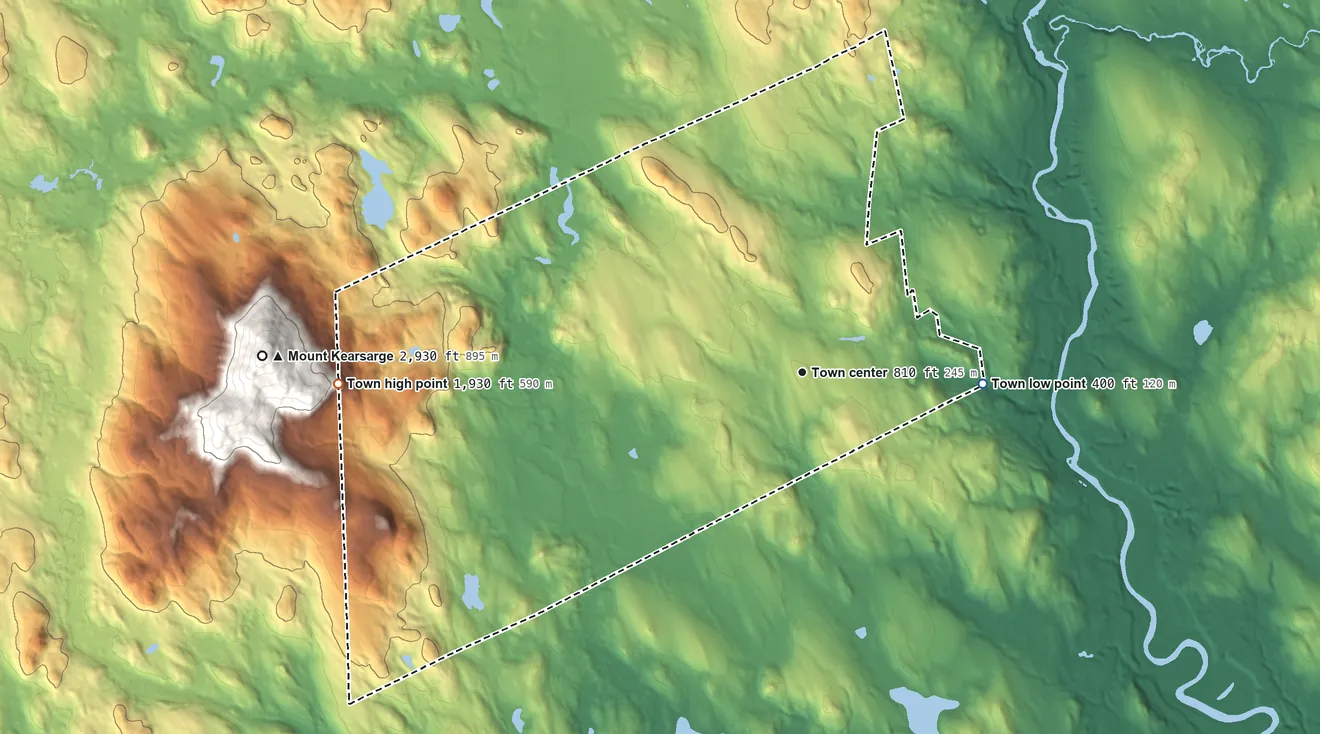 Topographic elevation map of Salisbury, New Hampshire, shaded from 400 ft on the east side to 1,930 ft on the west edge, below higher ground just outside