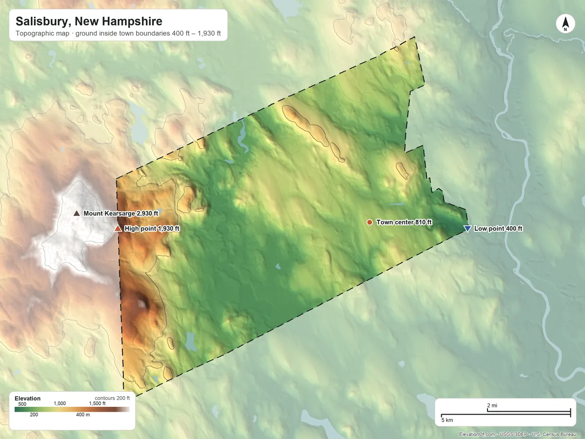 Topographic elevation map of Salisbury, New Hampshire, shaded from 400 ft on the east side to 1,930 ft on the west edge, below higher ground just outside