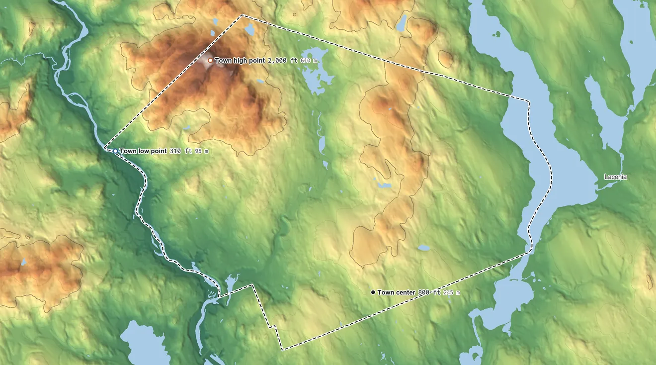 Topographic elevation map of Sanbornton, New Hampshire, shaded from 310 ft on the northwest side to 2,000 ft on Hersey Mountain