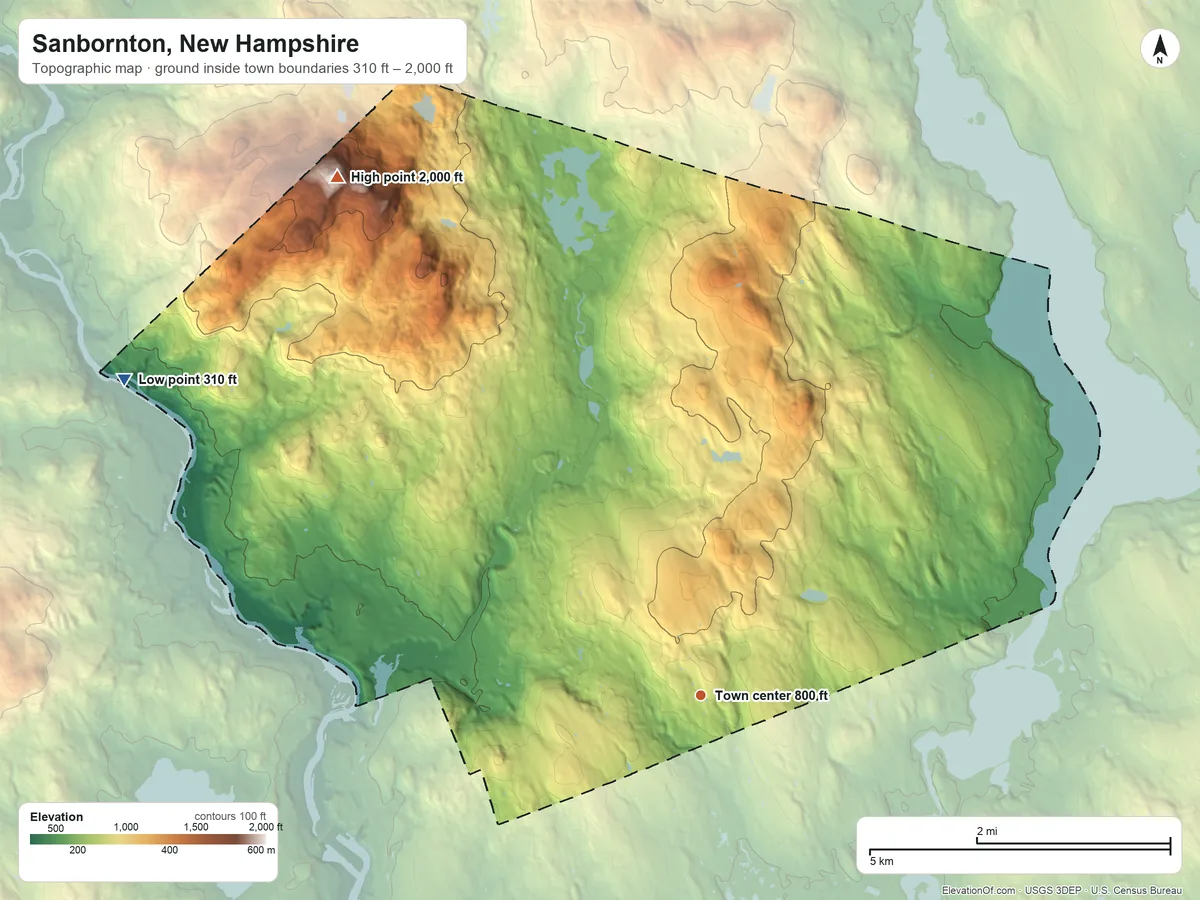 Topographic elevation map of Sanbornton, New Hampshire, shaded from 310 ft on the northwest side to 2,000 ft on Hersey Mountain