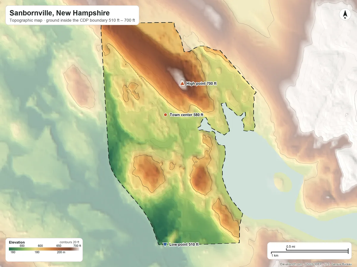 Topographic elevation map of Sanbornville, New Hampshire, shaded from 510 ft on the south side to 700 ft on the northeast side