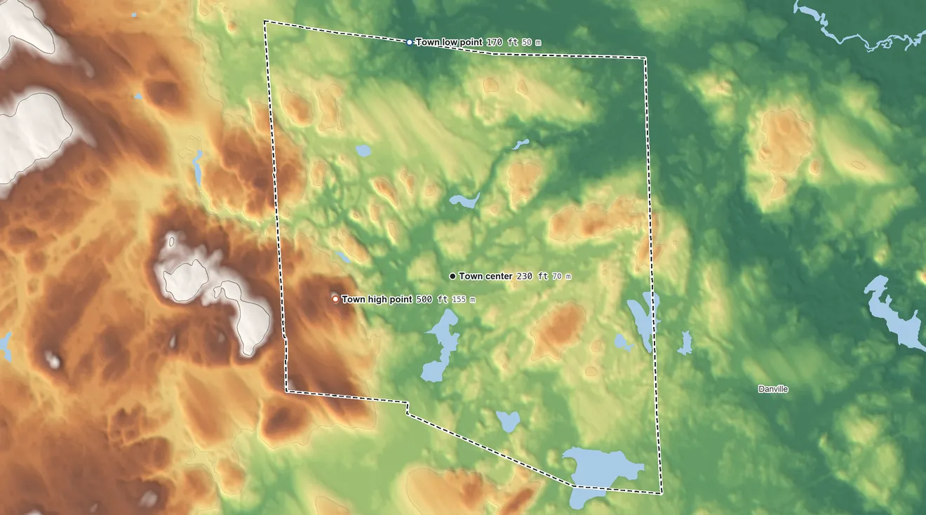 Topographic elevation map of Sandown, New Hampshire, shaded from 170 ft on the north side to 500 ft on the west side