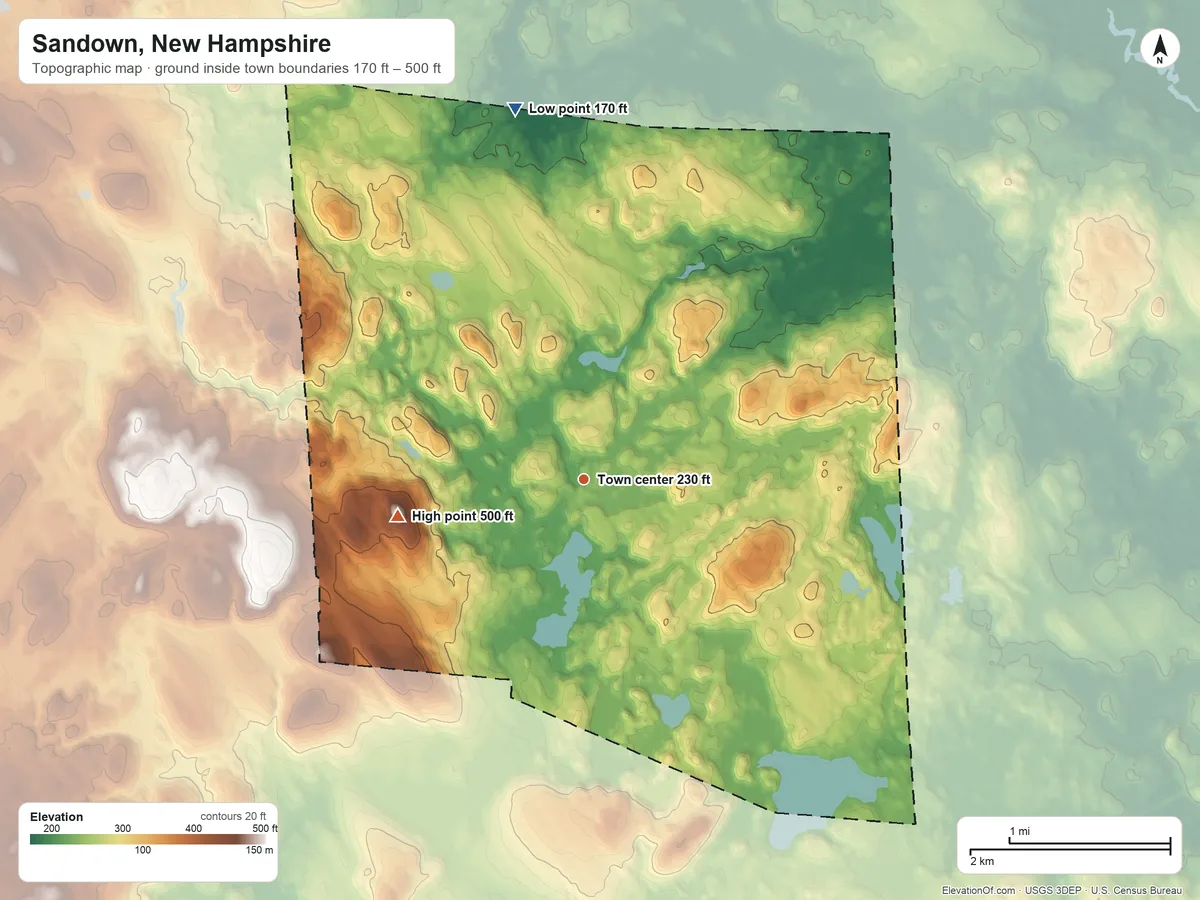 Topographic elevation map of Sandown, New Hampshire, shaded from 170 ft on the north side to 500 ft on the west side