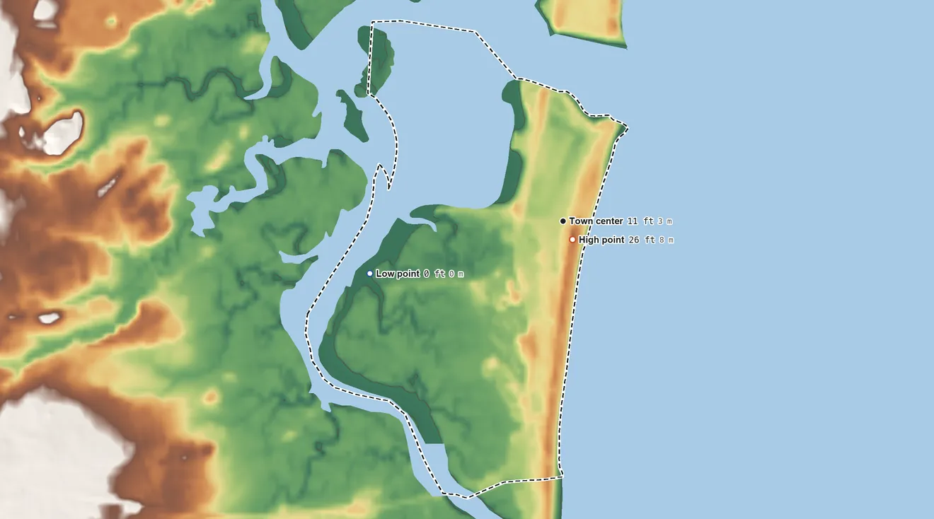 Topographic elevation map of Seabrook Beach, New Hampshire, shaded from sea level level on the Atlantic Ocean to 26 ft near the middle