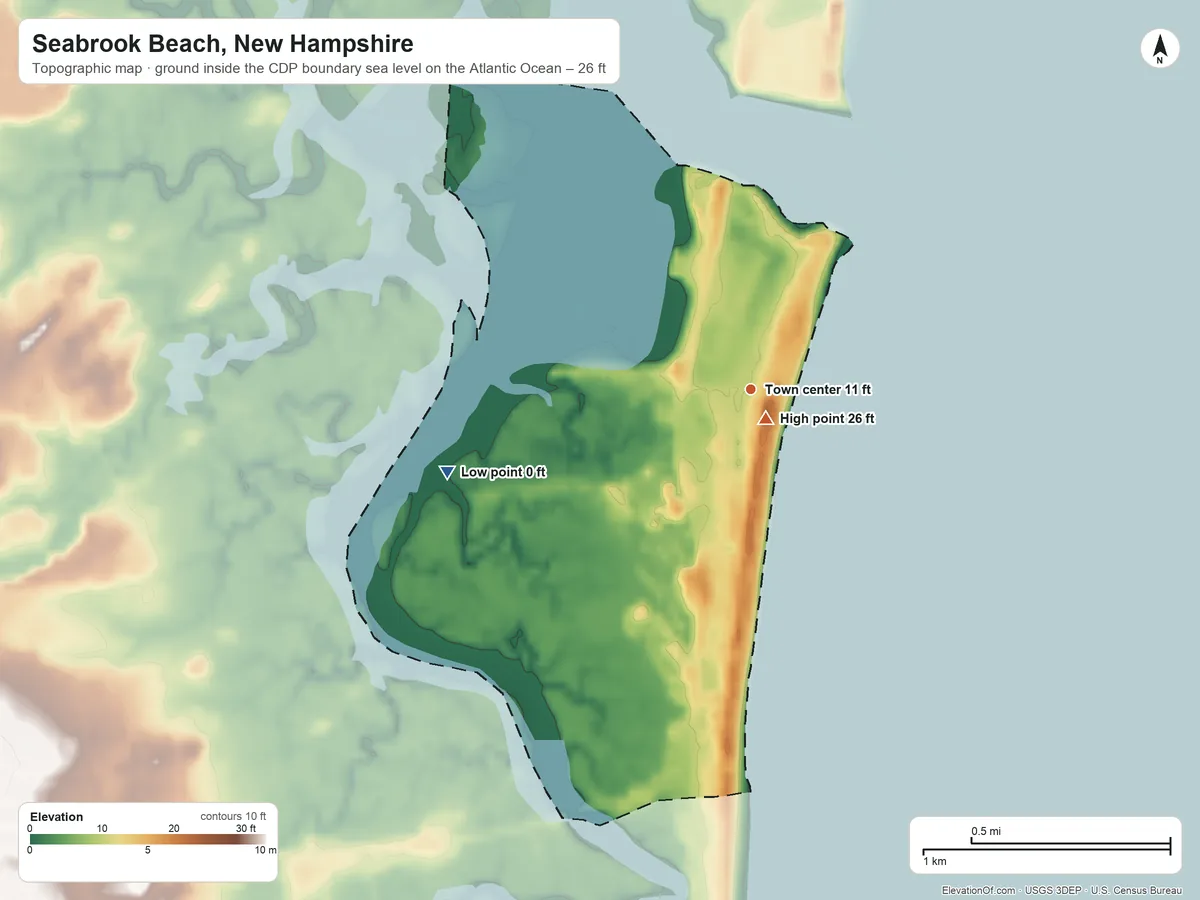 Topographic elevation map of Seabrook Beach, New Hampshire, shaded from sea level level on the Atlantic Ocean to 26 ft near the middle
