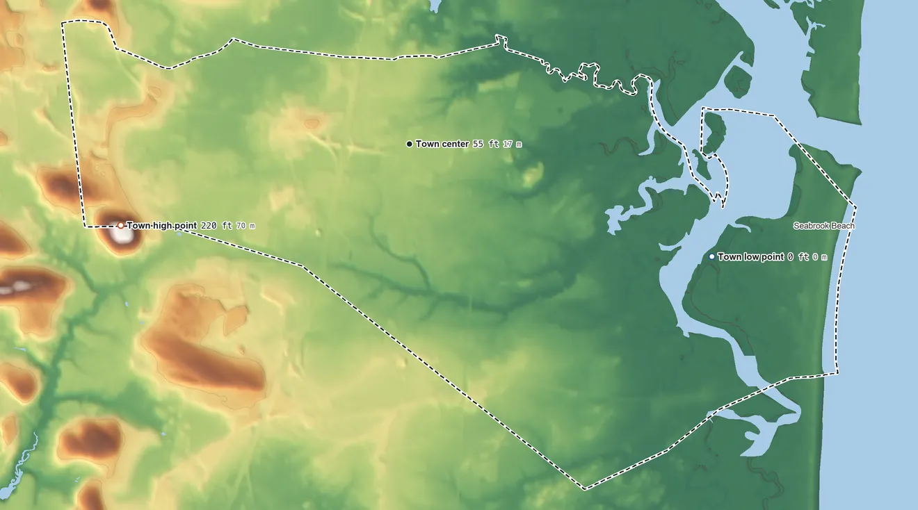 Topographic elevation map of Seabrook, New Hampshire, shaded from sea level level on the Atlantic Ocean to 220 ft on the west side
