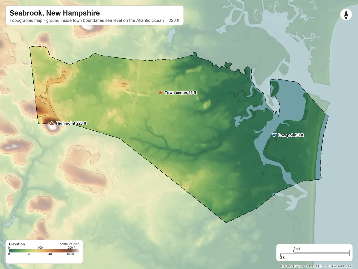 Topographic elevation map of Seabrook, New Hampshire, shaded from sea level level on the Atlantic Ocean to 220 ft on the west side