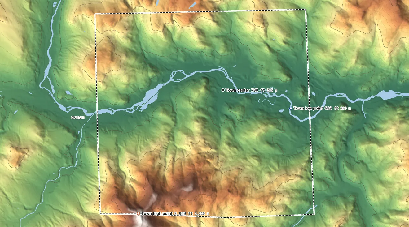 Topographic elevation map of Shelburne, New Hampshire, shaded from 680 ft on the east side to 3,960 ft on the southwest edge, below higher ground just outside