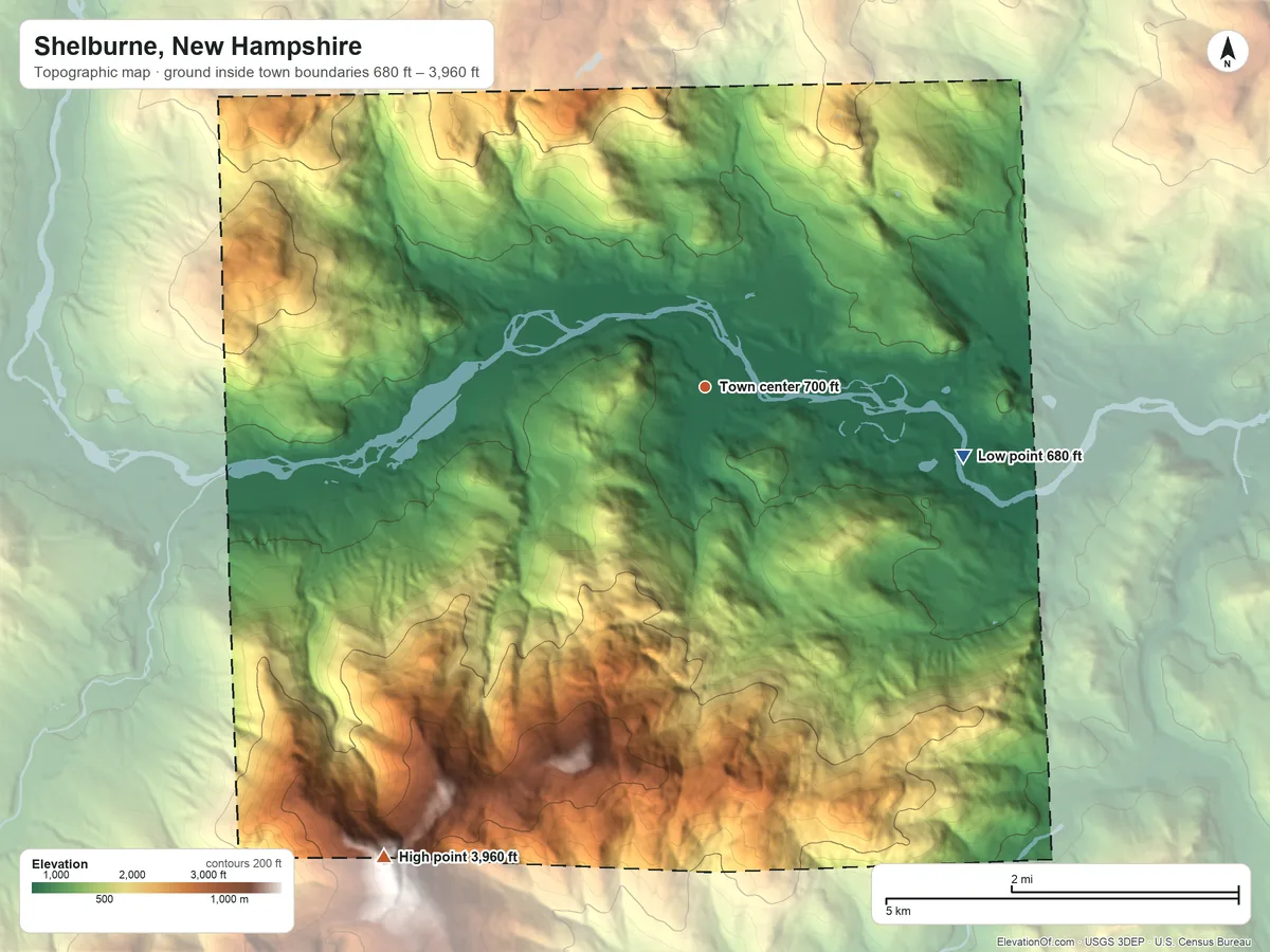 Topographic elevation map of Shelburne, New Hampshire, shaded from 680 ft on the east side to 3,960 ft on the southwest edge, below higher ground just outside