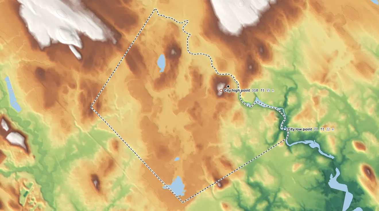 Topographic elevation map of Somersworth, New Hampshire, shaded from 71 ft on the southeast side to 310 ft near the middle