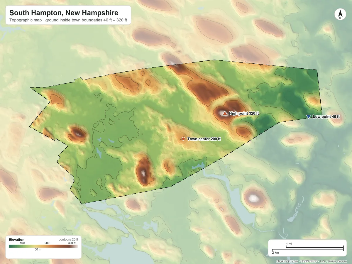 Topographic elevation map of South Hampton, New Hampshire, shaded from 46 ft on the east side to 320 ft on Chair Hill