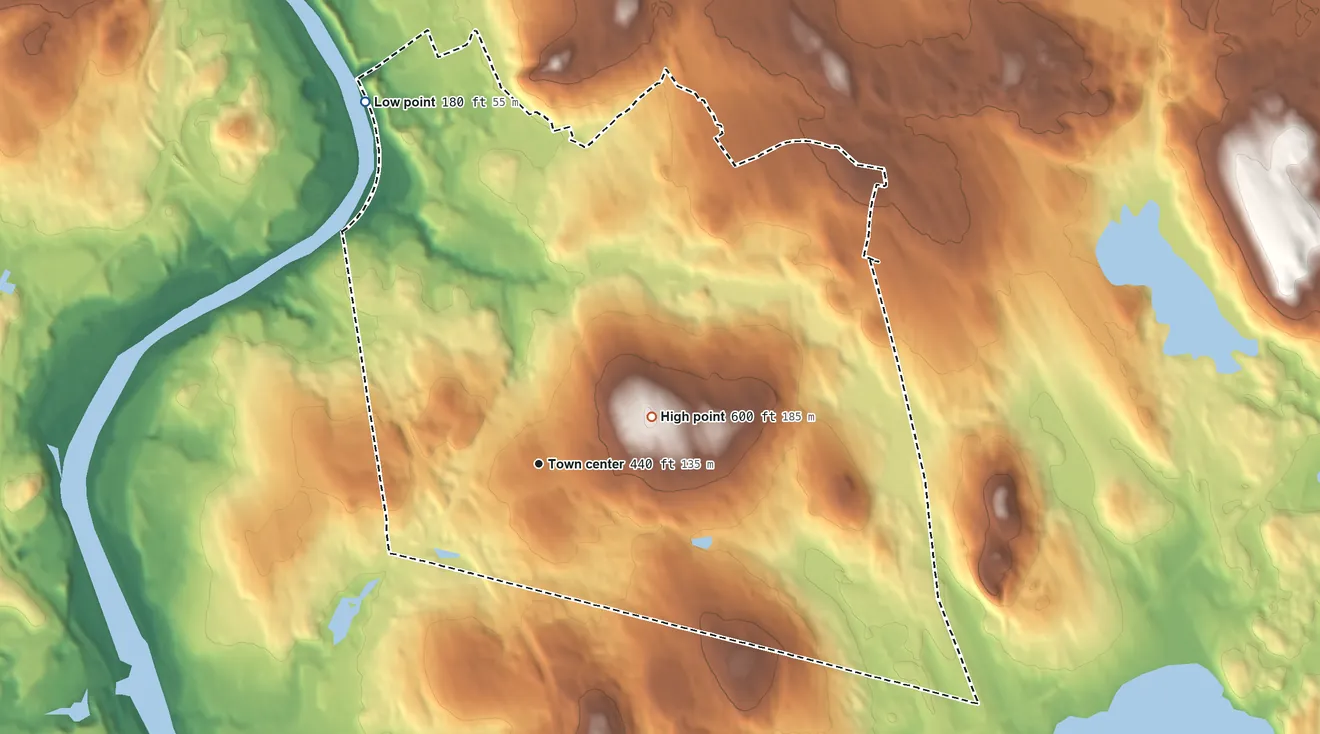 Topographic elevation map of South Hooksett, New Hampshire, shaded from 180 ft on the northwest side to 600 ft on the northeast side