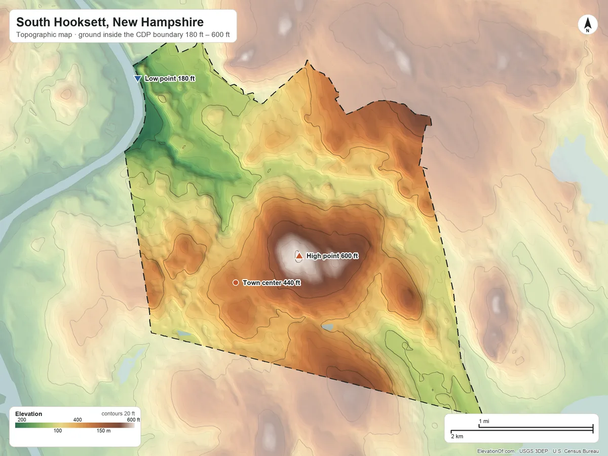 Topographic elevation map of South Hooksett, New Hampshire, shaded from 180 ft on the northwest side to 600 ft on the northeast side