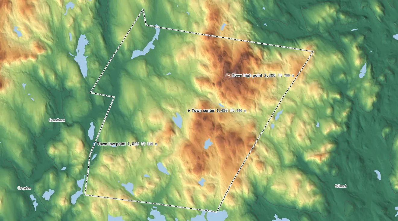 Topographic elevation map of Springfield, New Hampshire, shaded from 1,020 ft on the west side to 2,300 ft on Melvin Hill