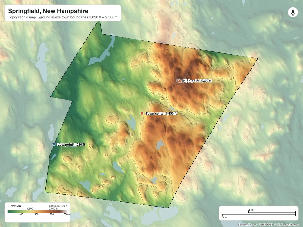 Topographic elevation map of Springfield, New Hampshire, shaded from 1,020 ft on the west side to 2,300 ft on Melvin Hill