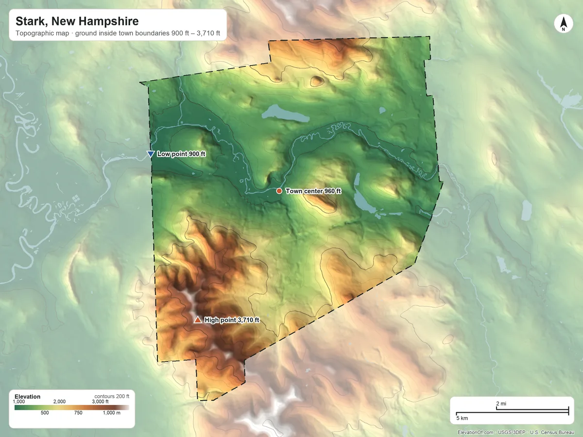 Topographic elevation map of Stark, New Hampshire, shaded from 900 ft on the west side to 3,710 ft on Hutchins Mountain