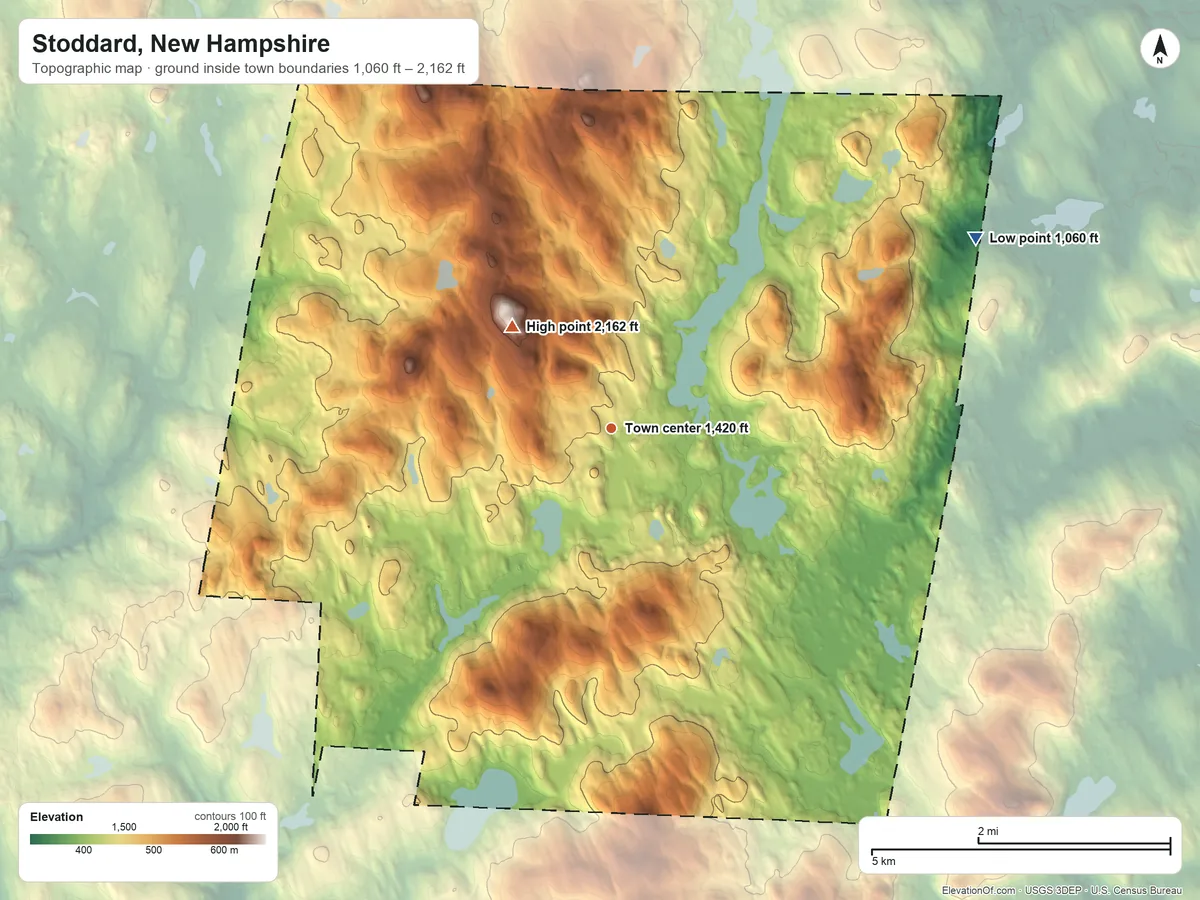 Topographic elevation map of Stoddard, New Hampshire, shaded from 1,060 ft on the northeast side to 2,162 ft on Pitcher Mountain
